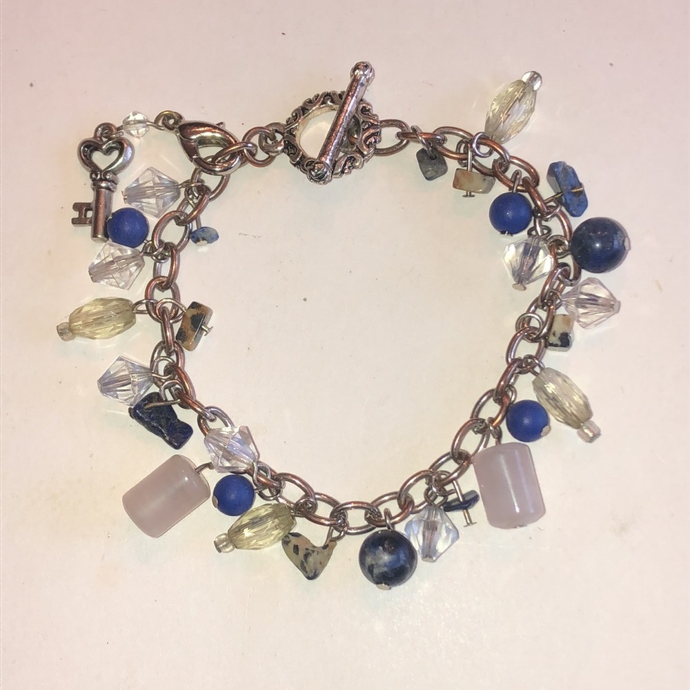 Silver Tone Toggle Key Charm Bracelet with Blue and Yellow Beads